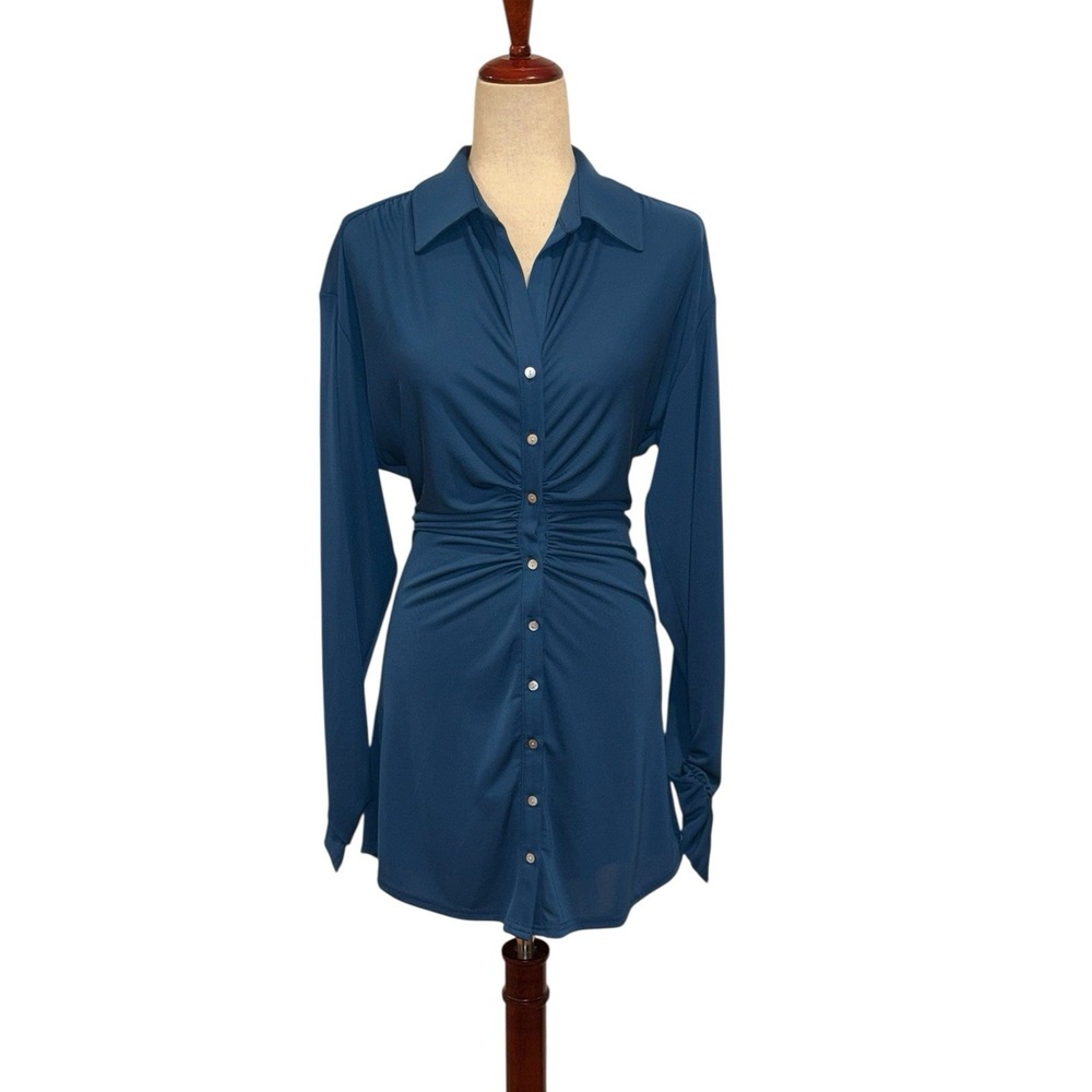 Cinq a Sept Arden Long Sleeve Ruched Mini Shirt Dress in Blue XS‎ EUC